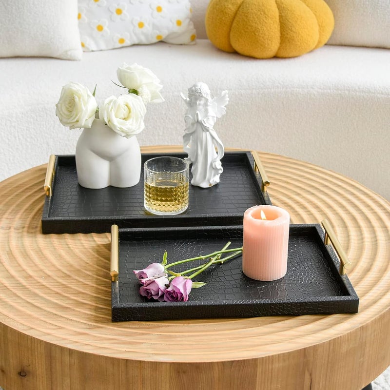 MACVAD Set of 2 Modern Elegant Large Wood Serving Tray, Rectangle Decorative Tray Ottoman Tay Coffee Table Tray, Black Crocodile Leather with Gold Polished Metal Handles - Image 3